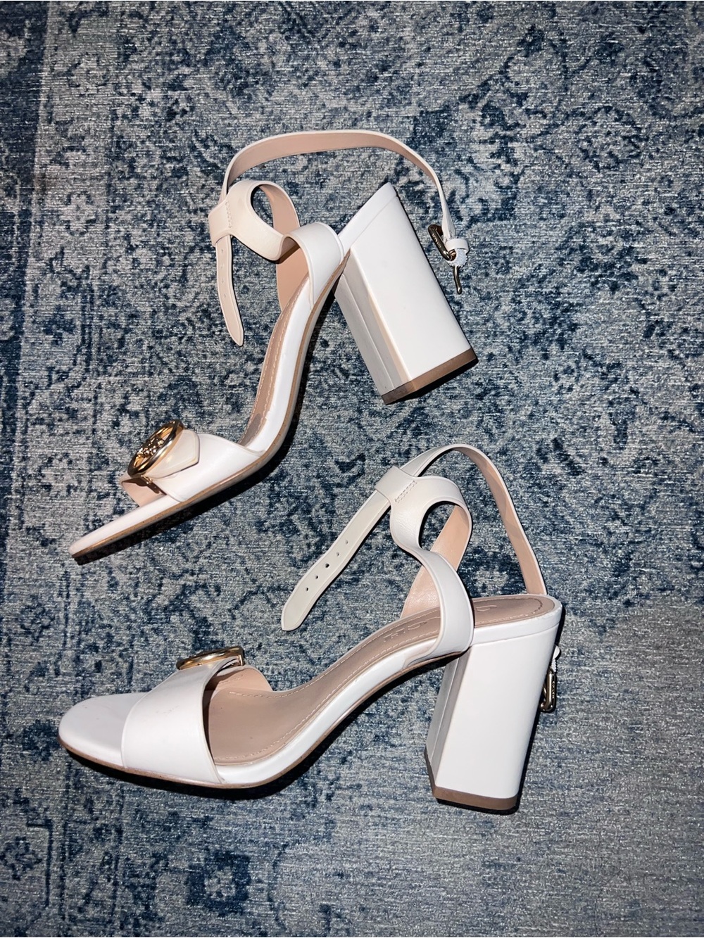 Coach White Leather Strappy Sandals with Gold Logo Accent